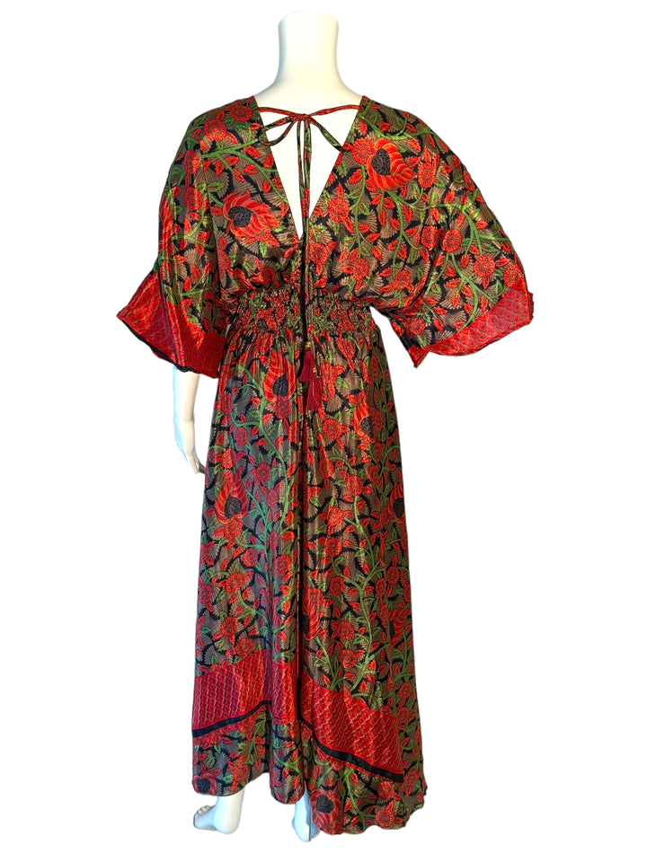 Reverse view of red and navy floral print Boho dress in sustainable silk blend.