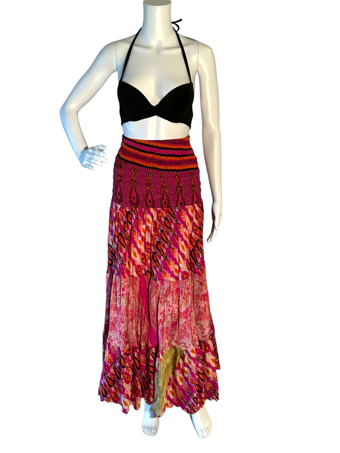 Hot pink multi print maxi skirt in gathered tiers.  Wide elastic top can become a strapless dress.  Recycled Indian silks.