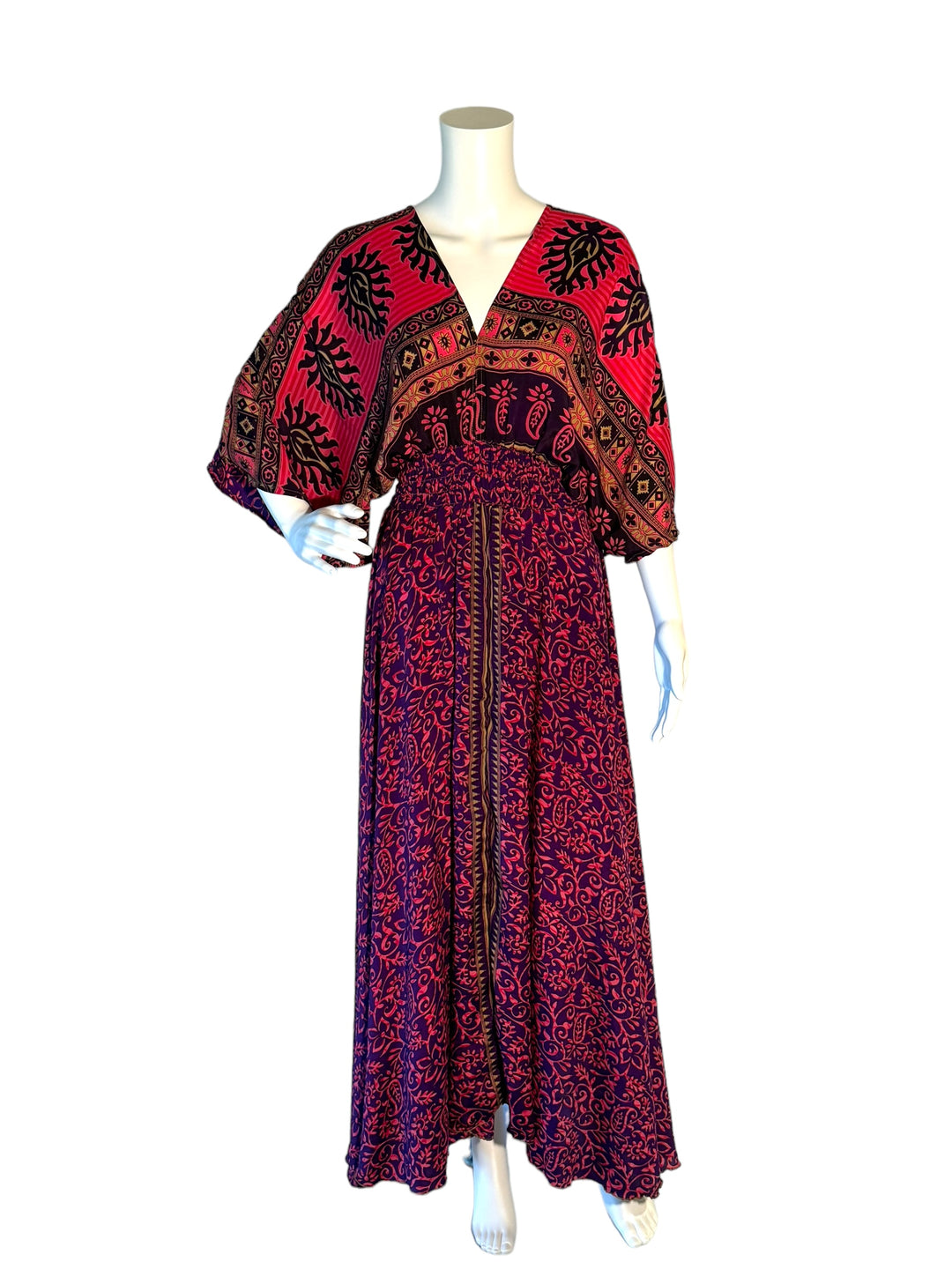 Hot pink with navy scroll print boho silk blend dress.  Midi length with V neck front and back and tassel tie.  Flattering elastic gathering under bust.