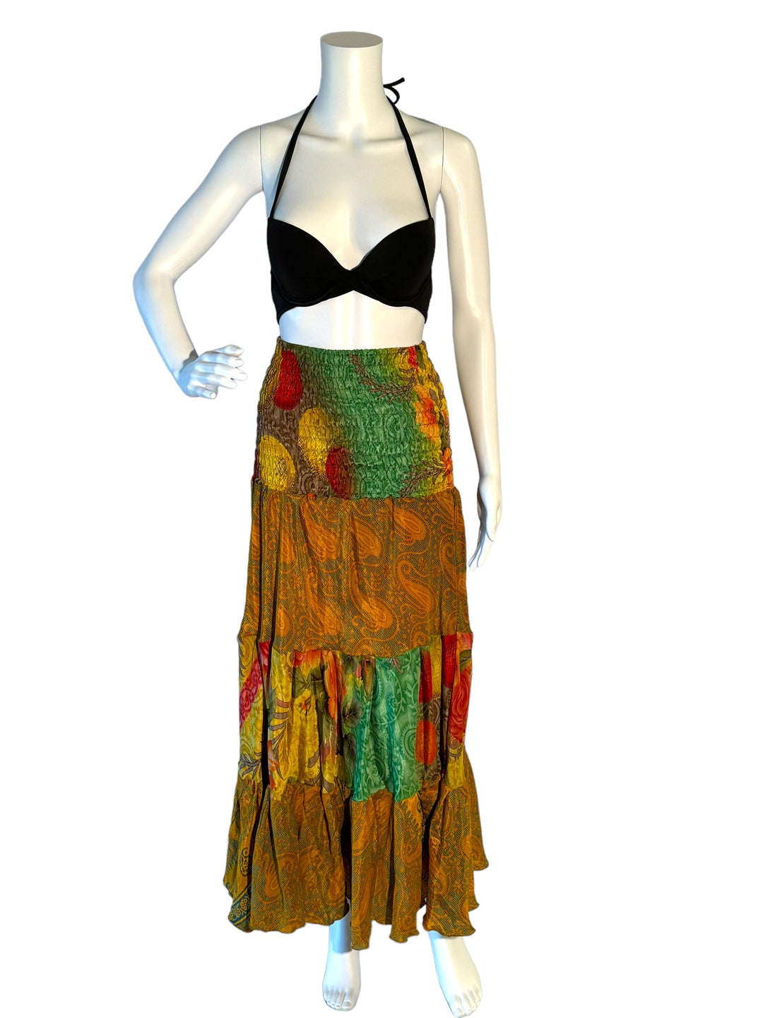 Yellow with brilliant flowers maxi skirt in gathered tiers.  Wide elastic top can become a strapless dress.  Recycled Indian silks.