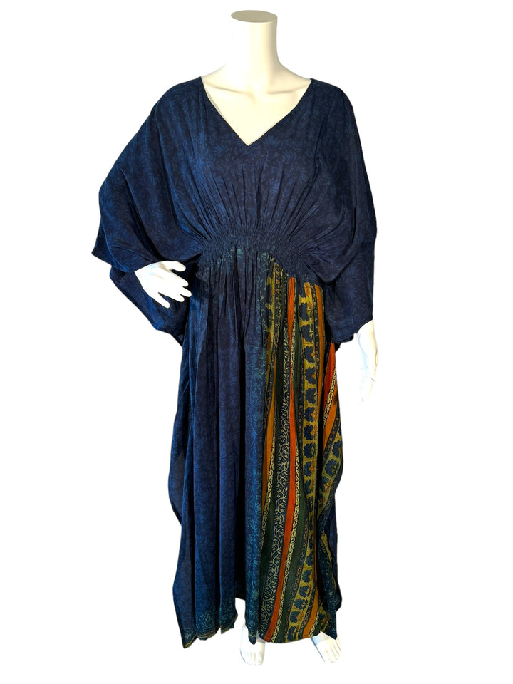 Sustainable navy tonal silk kaftan - left lower front has vertical, jewel tone pattern. V neck maxi length from vintage saree silk. Cold water washable. Easy to style and light and airy to wear.