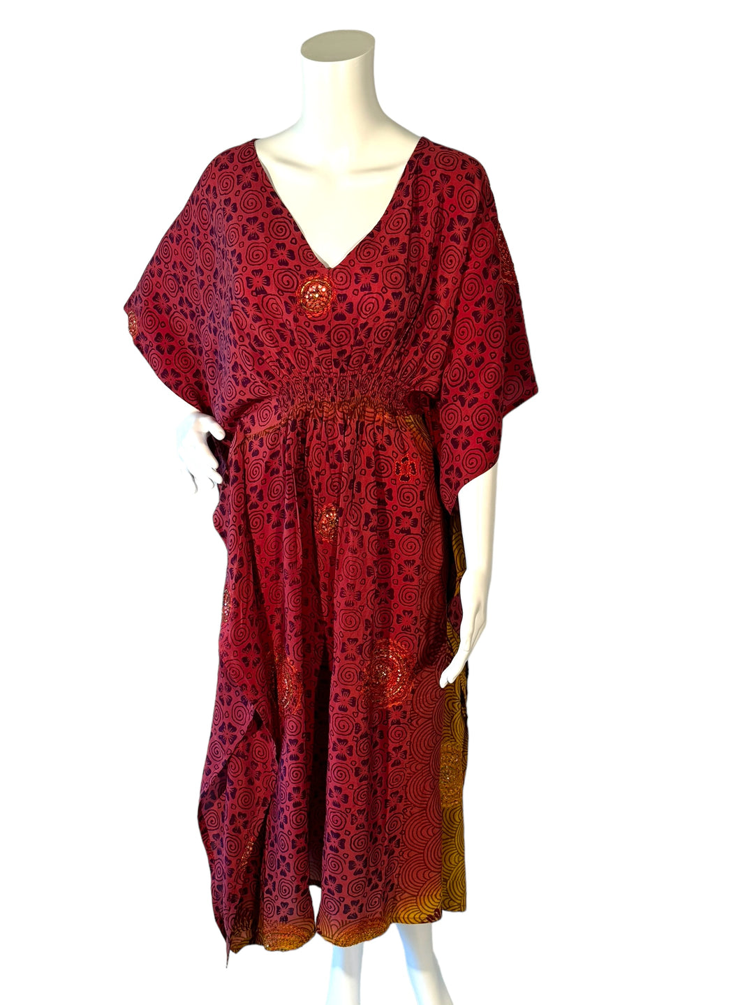 Sustainable rose and gold silk kaftan with embroidered and sequined spirals. V Neck maxi length from vintage saree silk. Cold water washable. Easy to style and light and airy to wear.