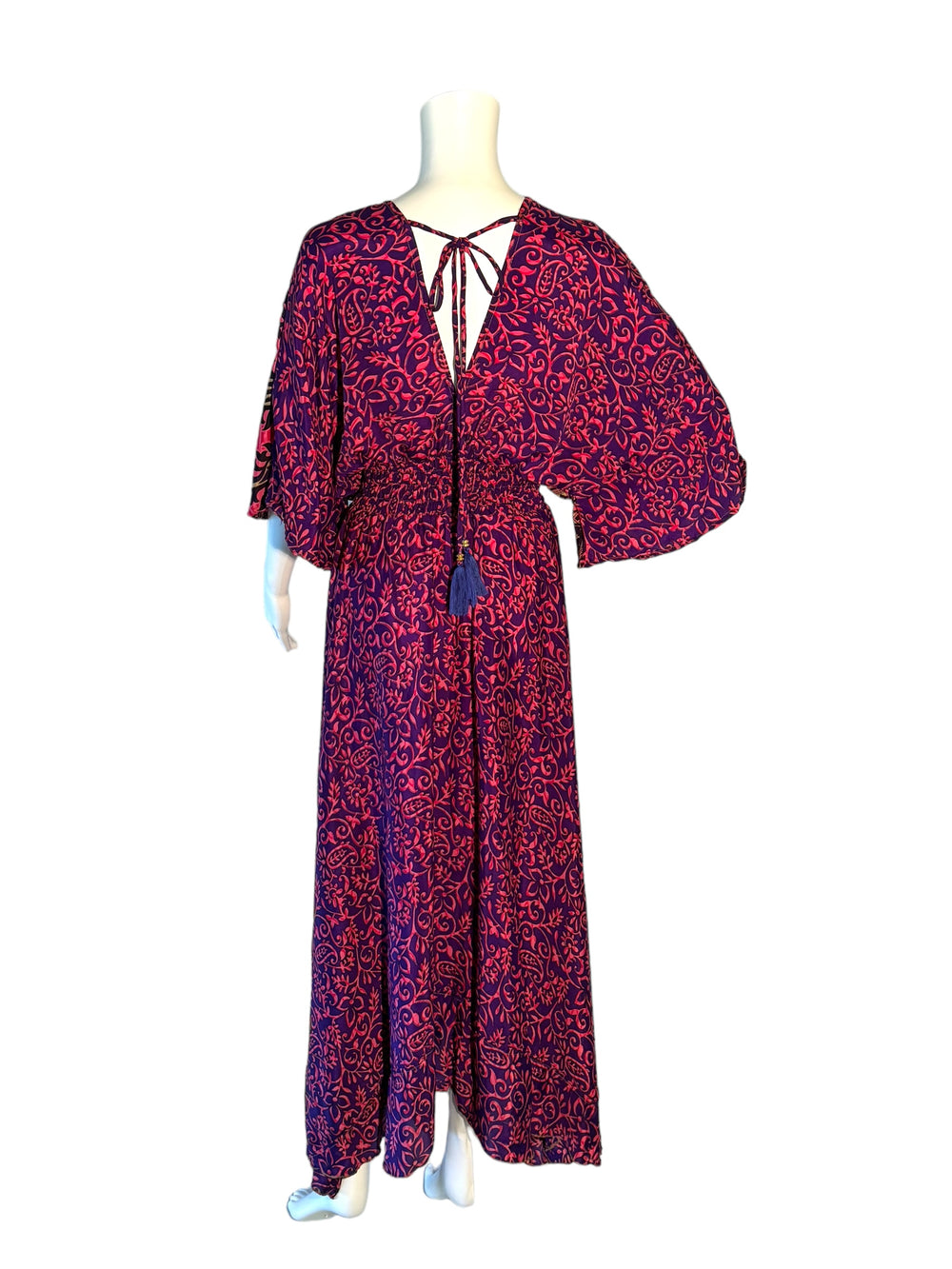 Reverse view of hot pink and navy Boho dress in sustainable silk blend.