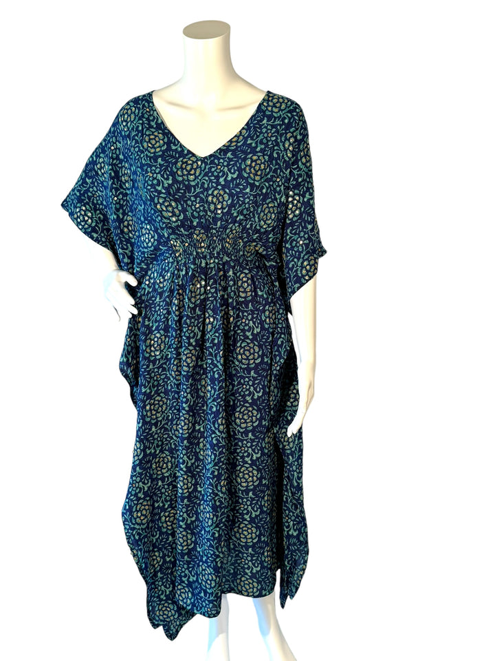 Sustainable peacock blue silk kaftan with silver sequins. V Neck maxi length from vintage saree silk. Cold water washable. Easy to style and light and airy to wear.