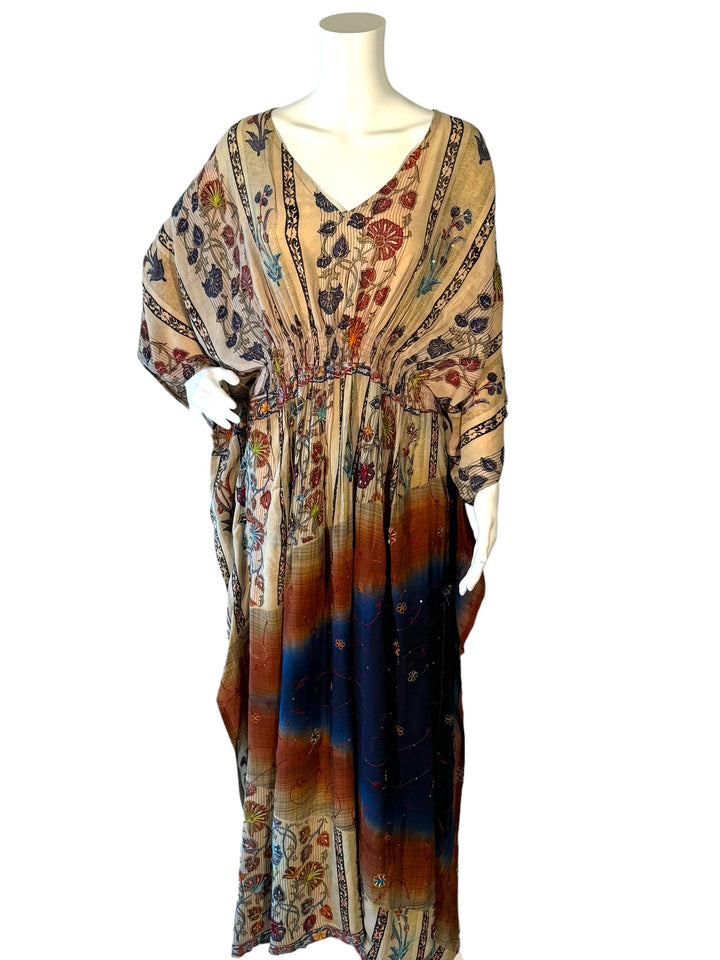 Sustainable beige rich navy silk kaftan - some of the flowers are meticulously outlined with embroidery and rhinestones. V neck maxi length from vintage saree silk. Cold water washable. Easy to style and light and airy to wear.