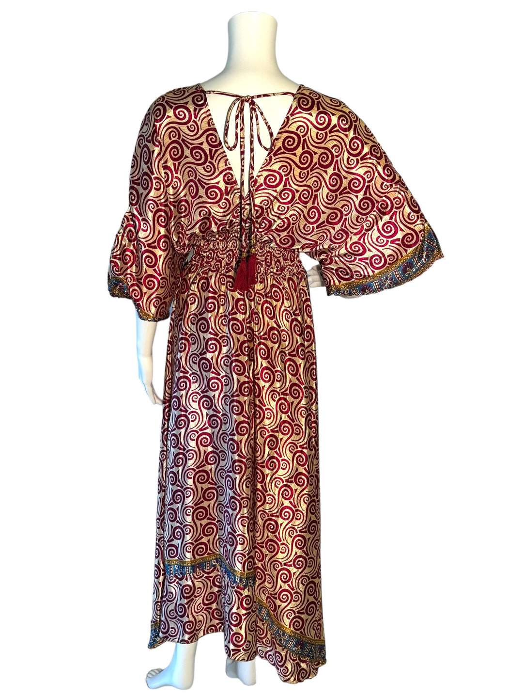 Reverse view of deep red and cream Boho dress in sustainable silk blend.