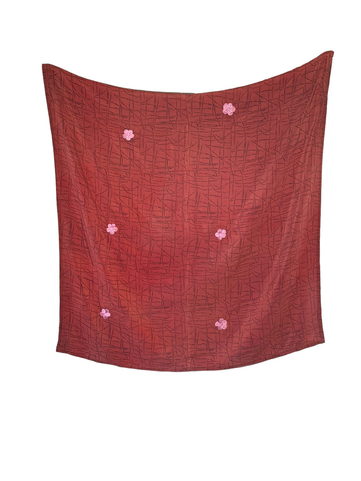 Red print vintage silk bandana with pink embroidery