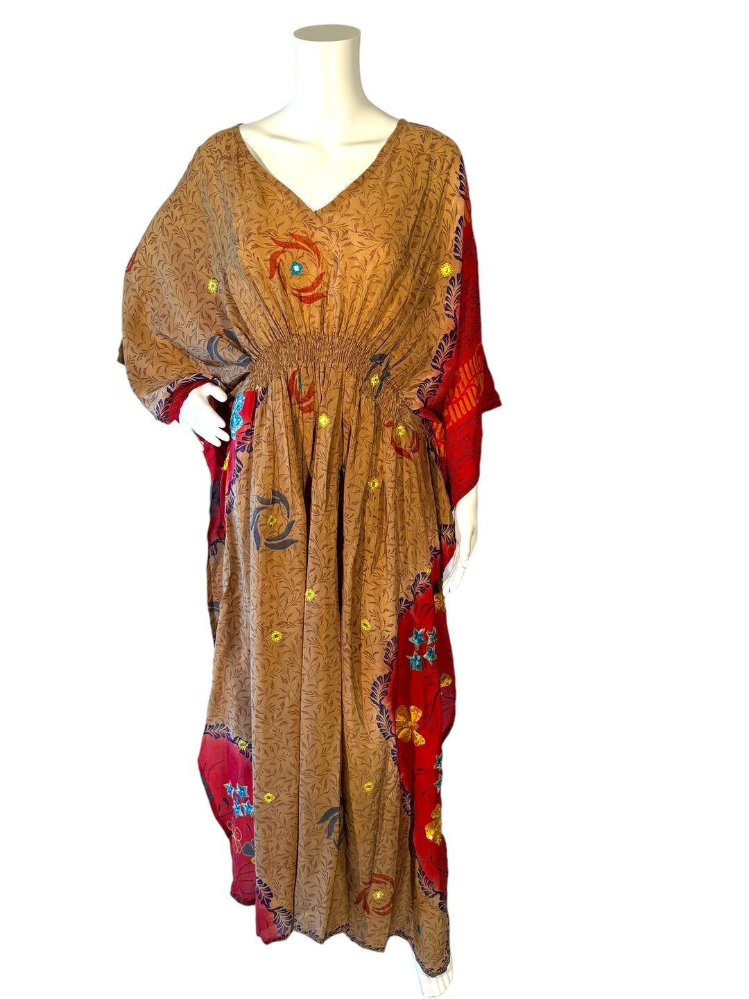 Sustainable beige with red silk kaftan - brilliant colorful  flowers  with embroidery and rhinestones. V neck maxi length from vintage saree silk. Cold water washable. Easy to style and light and airy to wear.