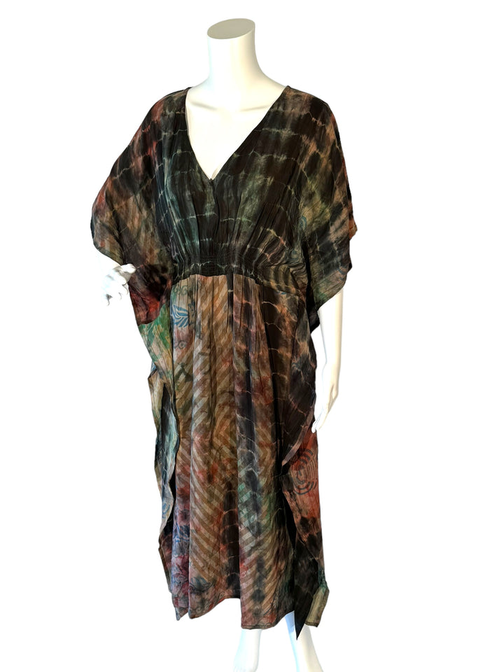 Sustainable black over-dyed patterned silk kaftan, dip-dye technique. V Neck maxi length from vintage saree silk. Cold water washable. Easy to style and light and airy to wear.