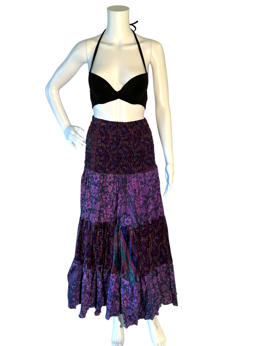 Deep purple multi print maxi skirt in gathered tiers.  Wide elastic top can become a strapless dress.  Recycled Indian silks.