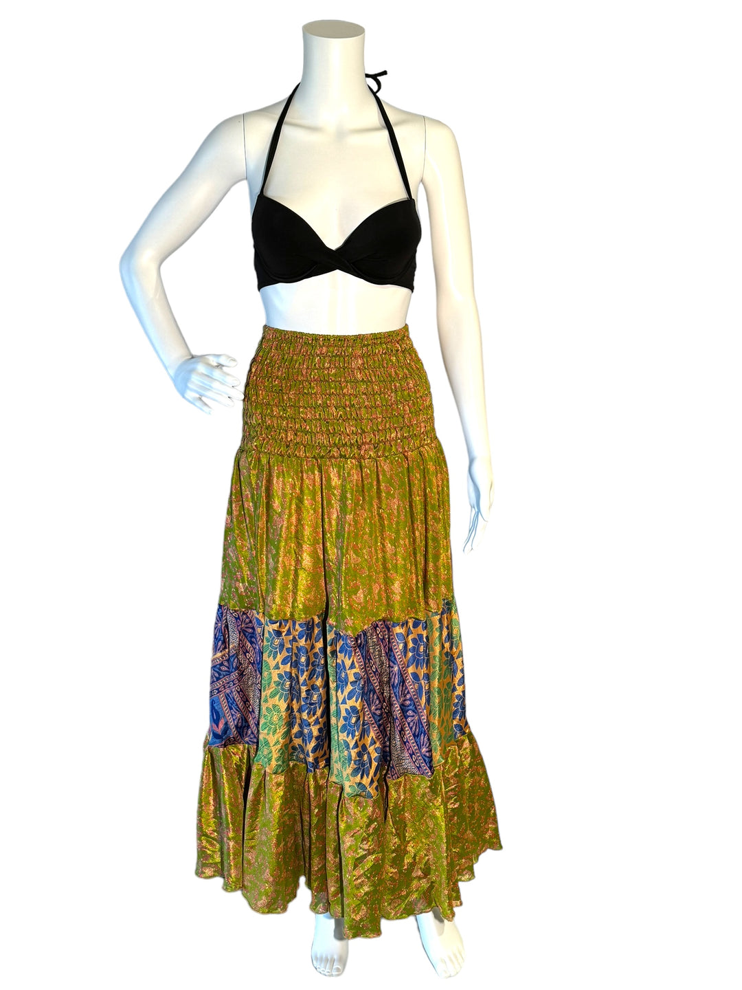 Soft green multi print maxi skirt in gathered tiers.  Wide elastic top can become a strapless dress.  Recycled Indian silks.