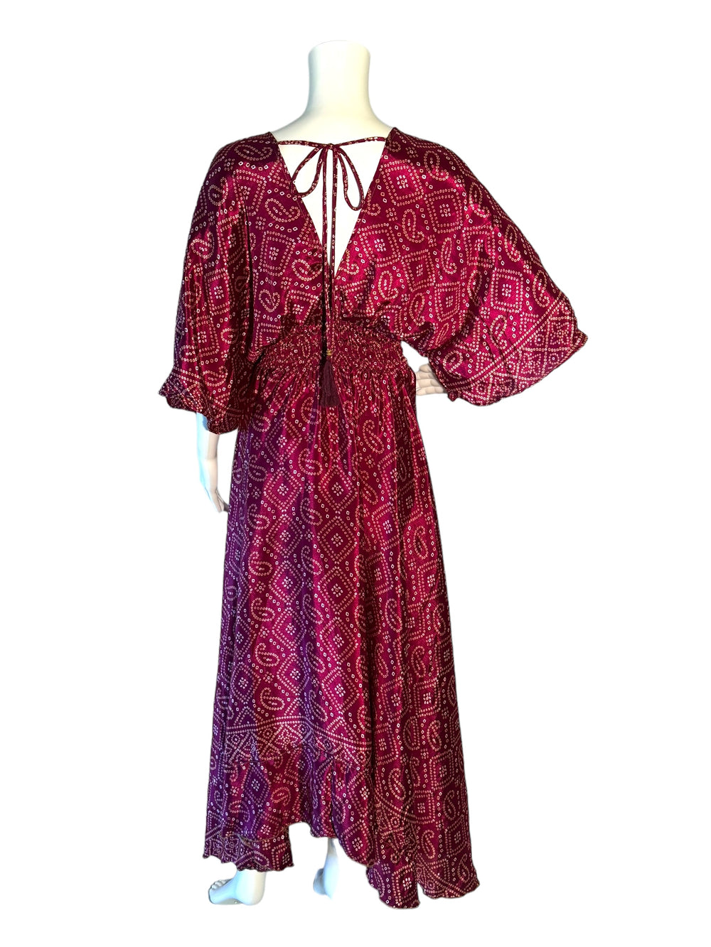 Reverse view of deep blue-ish red Boho dress in sustainable silk blend.