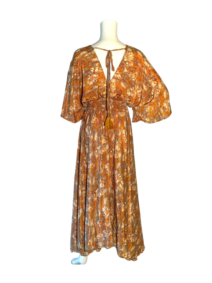 Reverse view of rust, orange and cream floral print Boho Dress in sustainable silk blend