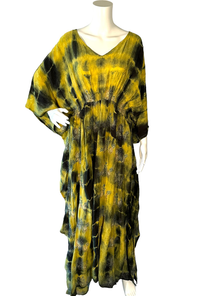 Sustainable yellow and black silk kaftan - dip-dye technique over rich embroidered flowers with silver thread accents. V neck maxi length from vintage saree silk. Cold water washable. Easy to style and light and airy to wear.