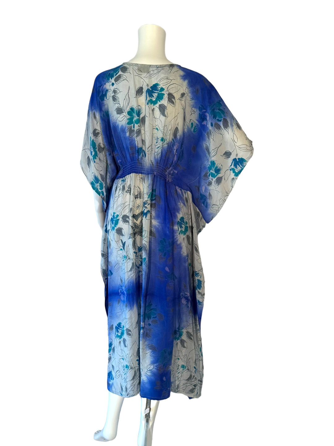 KF-128 - Blue Gardens - Long Silk Kaftan XS