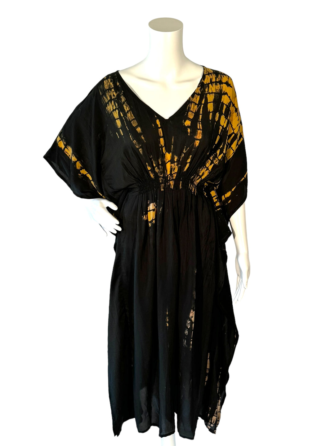 Sustainable black and gold silk kaftan - dip-dyed technique. V neck maxi length from vintage saree silk. Cold water washable. Easy to style and light and airy to wear.