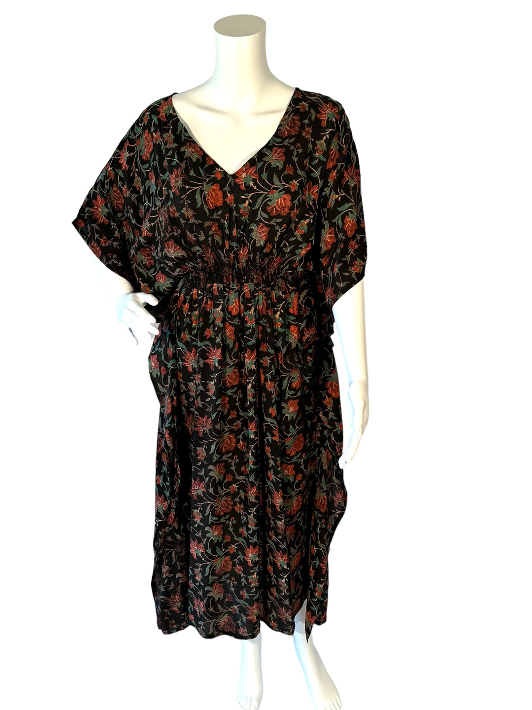 Sustainable black silk kaftan with all over rose floral pattern. V Neck maxi length from vintage saree silk. Cold water washable. Easy to style and light and airy to wear.