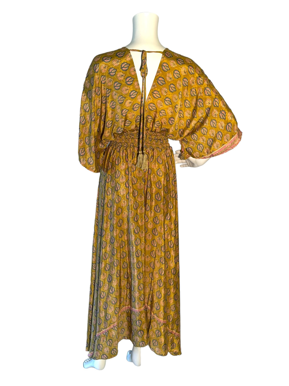 Reverse view with tassel tie - Boho dress in yellow reclaimed silk blend.