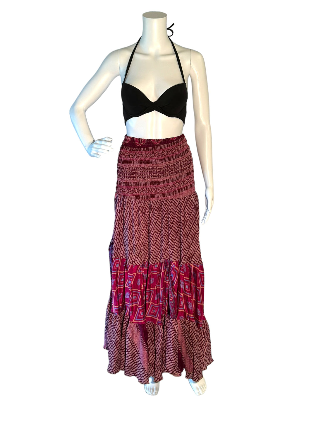 Pink multi print maxi skirt in gathered tiers.  Wide elastic top can become a strapless dress.  Recycled Indian silks.