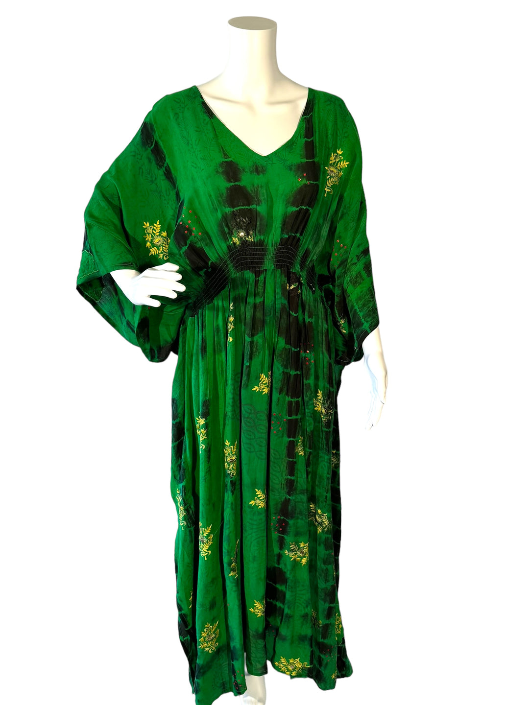 Sustainable green & black silk kaftan - dip-dye technique with embroidered yellow flowers and sequins. V neck maxi length from vintage saree silk. Cold water washable. Easy to style and light and airy to wear.