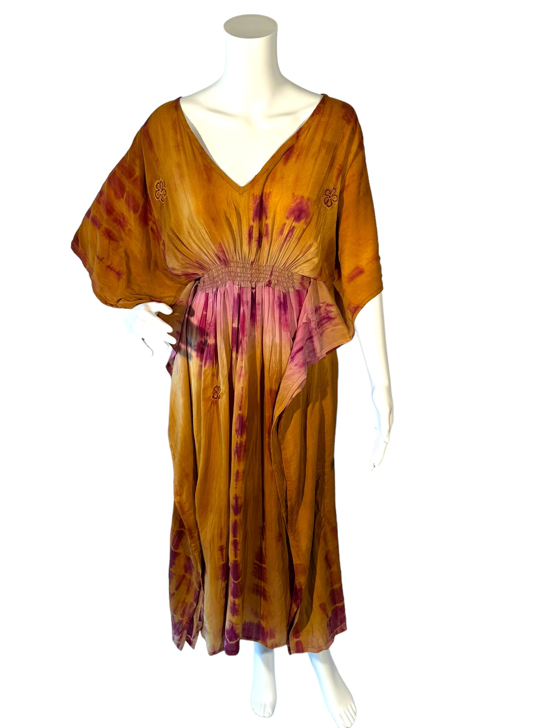 Sustainable tan and rose silk with rose and yellow embroidered flowers. V Neck maxi length from vintage saree silk. Cold water washable. Easy to style and light and airy to wear.