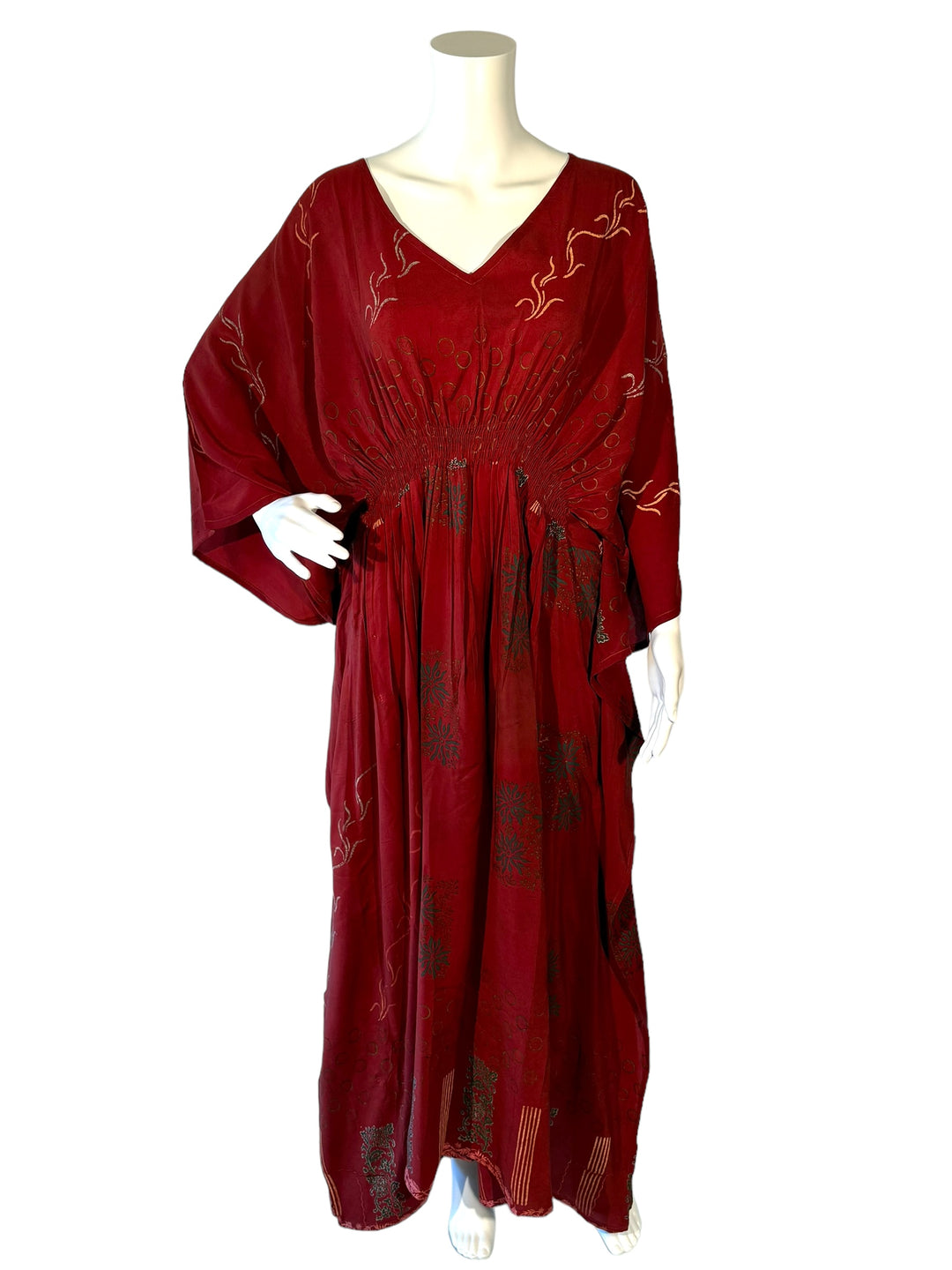 Sustainable deep red silk kaftan - scattered paint look florals and sections of embroidery. V neck maxi length from vintage saree silk. Cold water washable. Easy to style and light and airy to wear.