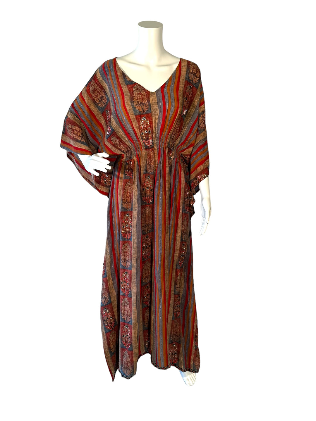 Sustainable red toned stripe silk kaftan - brightened with gold sequins. V neck maxi length from vintage saree silk. Cold water washable. Easy to style and light and airy to wear.