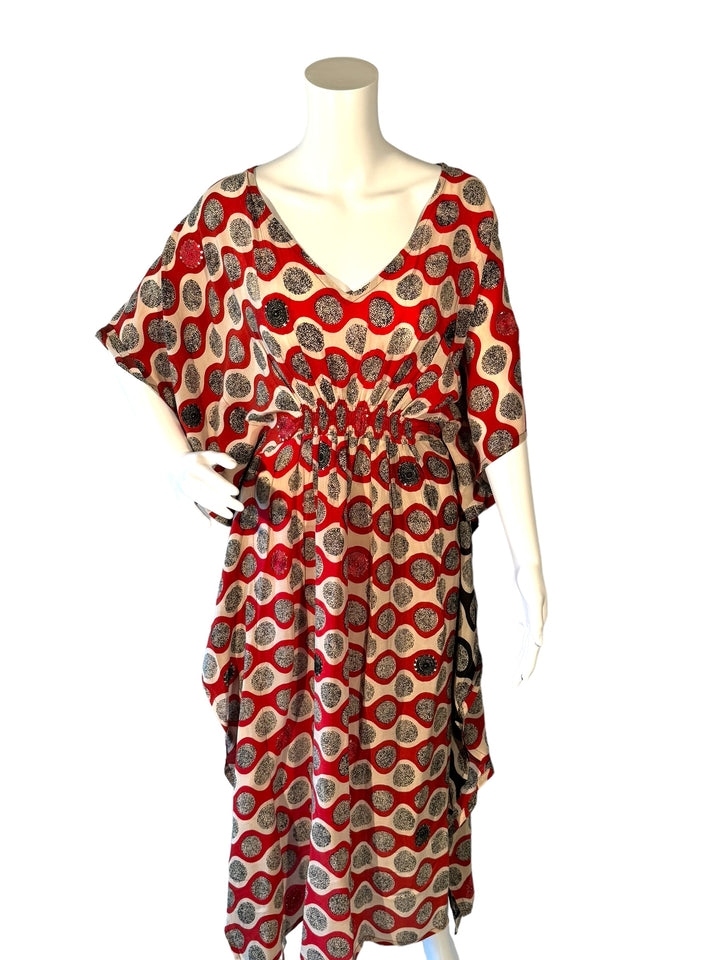 Sustainable red, white & black silk kaftan - with occasional embroidered and sequined spirals. V neck maxi length from vintage saree silk. Cold water washable. Easy to style and light and airy to wear.