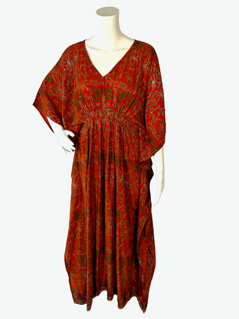 Sustainable rusty red silk kaftan - green vine print with chain embroidery and sequins. V neck maxi length from vintage saree silk. Cold water washable. Easy to style and light and airy to wear.