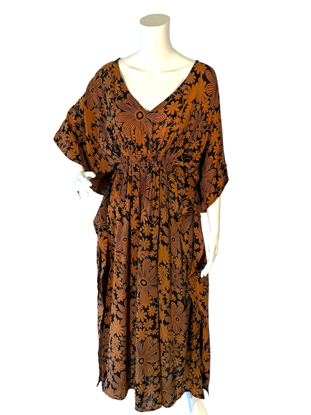 KF-139 - Coffee Flowers - Long Silk Kaftan SM