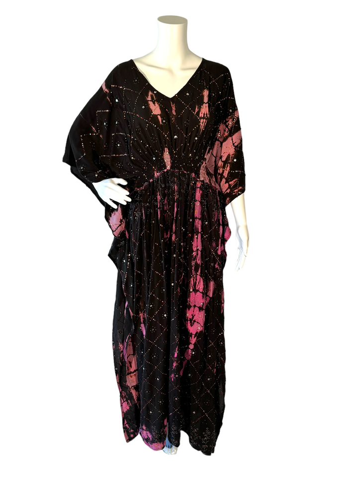 Sustainable black and pink silk kaftan - dip-dyed technique and hundreds of colorful sequins. V neck maxi length from vintage saree silk. Cold water washable. Easy to style and light and airy to wear.