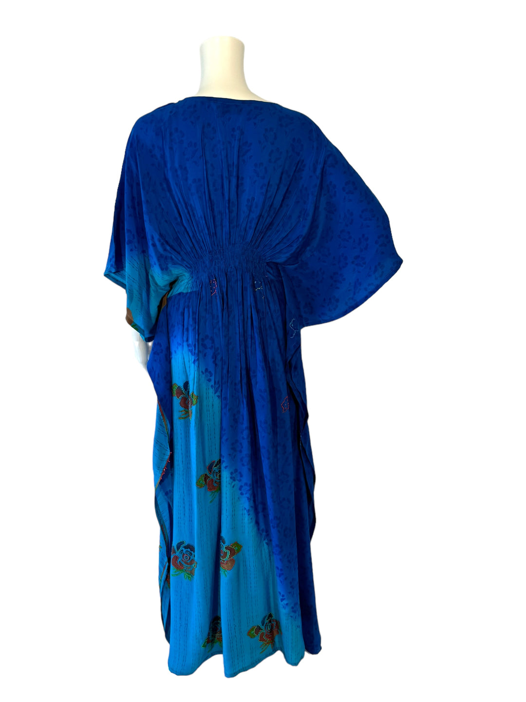 KF-146 - Two Blues & Flowers - Long Silk Kaftan ML