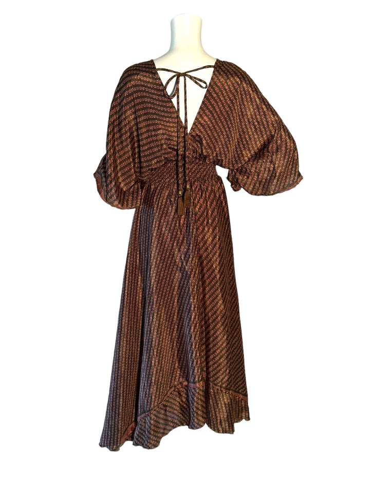 Reverse view of brown and pink print Boho dress in sustainable silk blend.