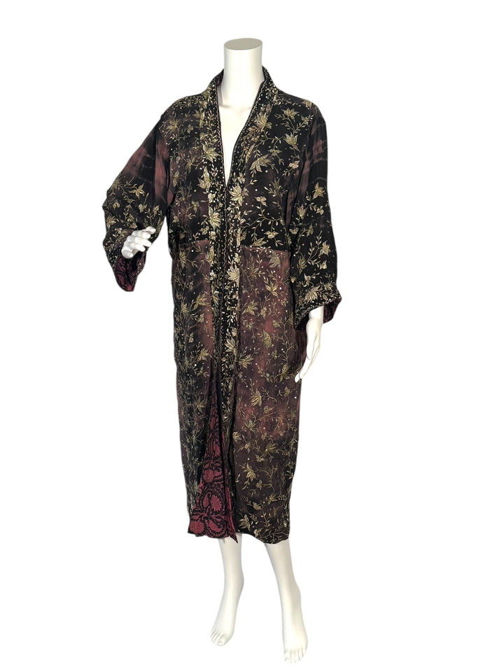 Deep red and black vintage silk reversible kimono with intricate gold embroidery