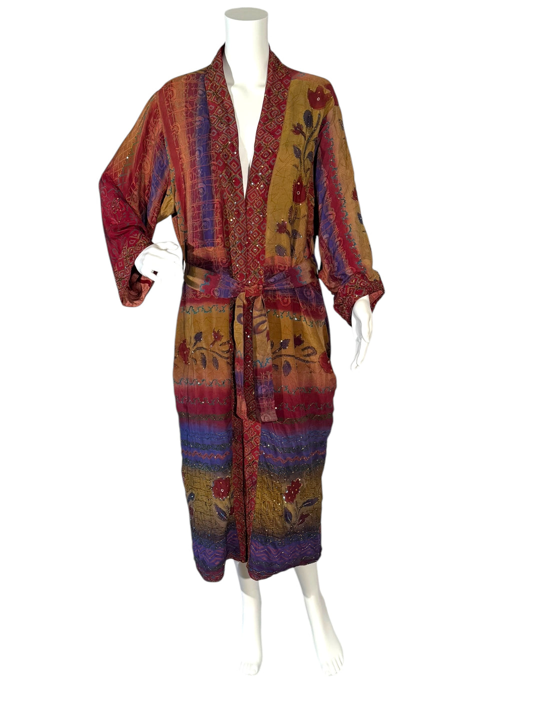 Outside front view of reversible kimono in tan red and blue vintage silk with floral and stripe pattern and embroidery