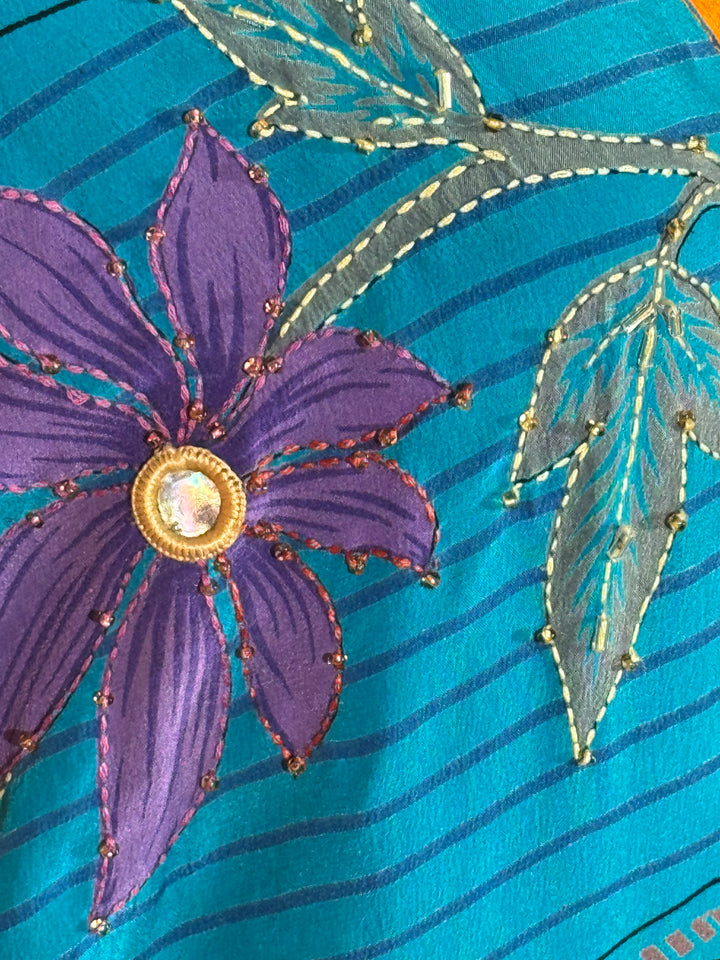 Blue vintage silk with purple flower and faux jewel and embroidery 