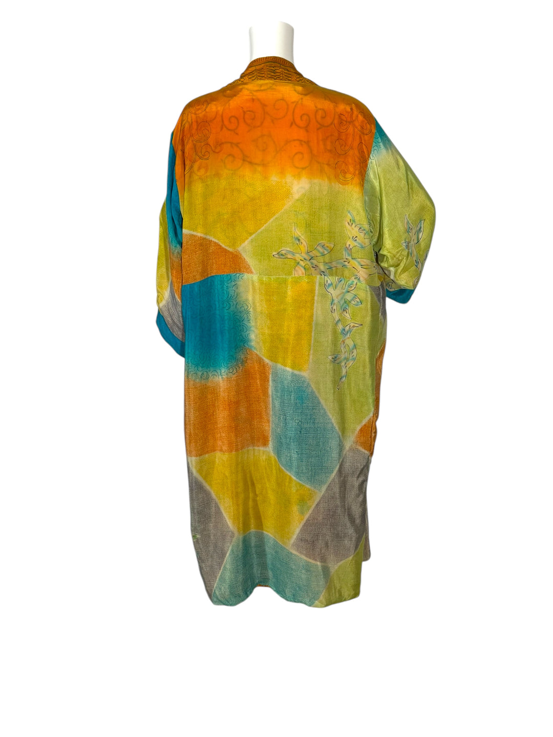 Inside back view of reversible kimono in orange green and blue large graphic print vintage silk