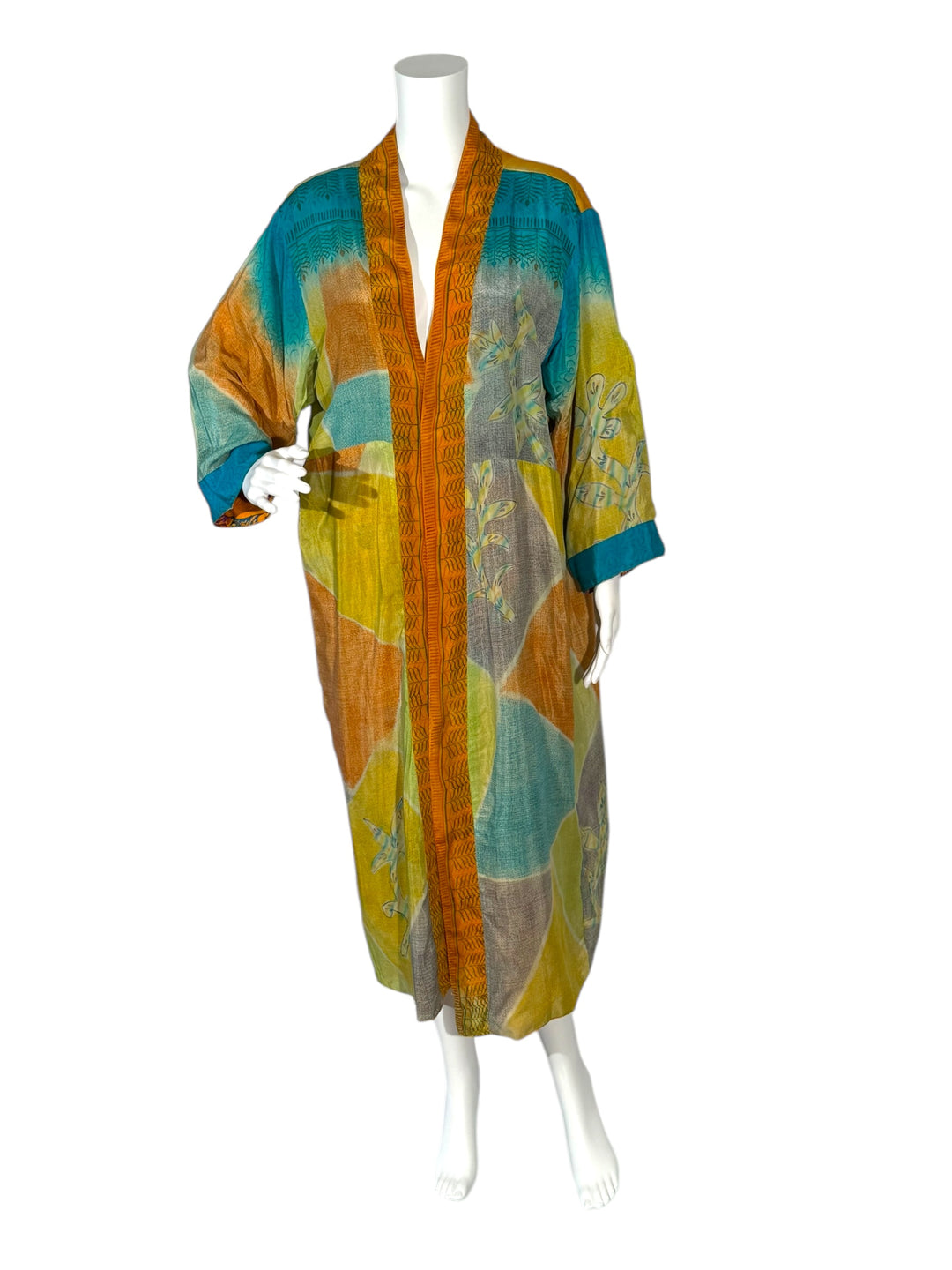 Inside front view of reversible kimono in orange green and blue large graphic print vintage silk