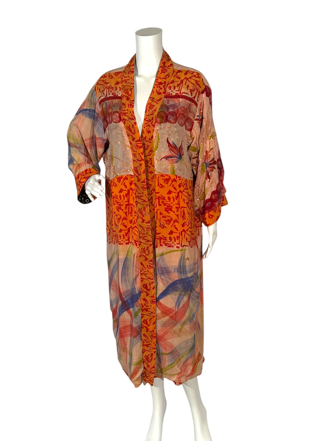 Front inside view of reversible kimono in tan red orange and blue graphic print vintage silk with sequins