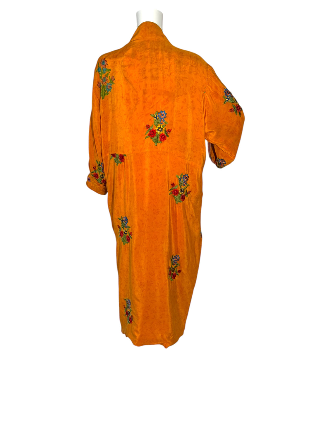 Inside back view of reversible kimono in orange vintage silk with large embroidered multicolor flowers