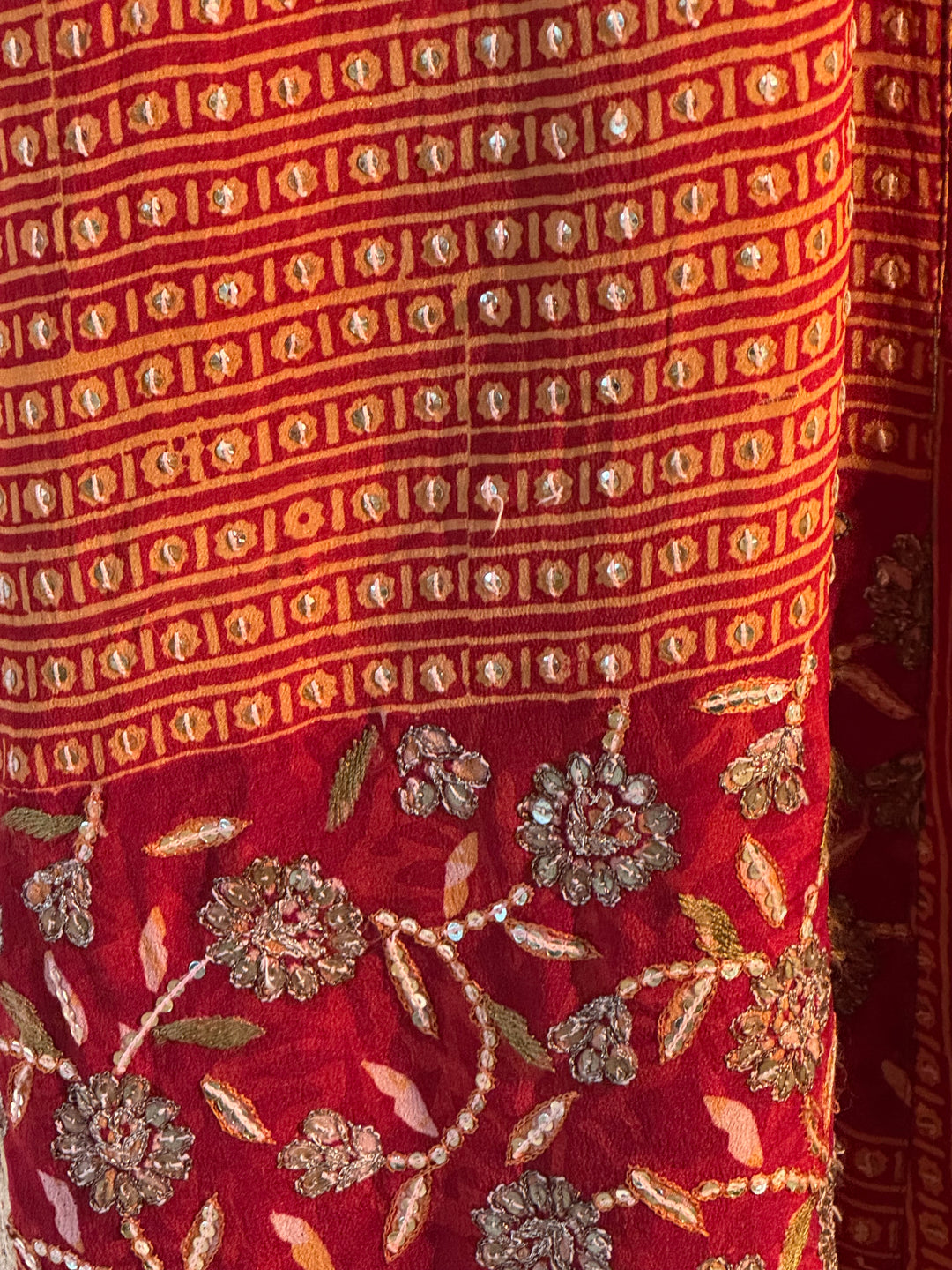 Red and rust vintage silk with dots and flowers and embroidered sequins and faux jewels