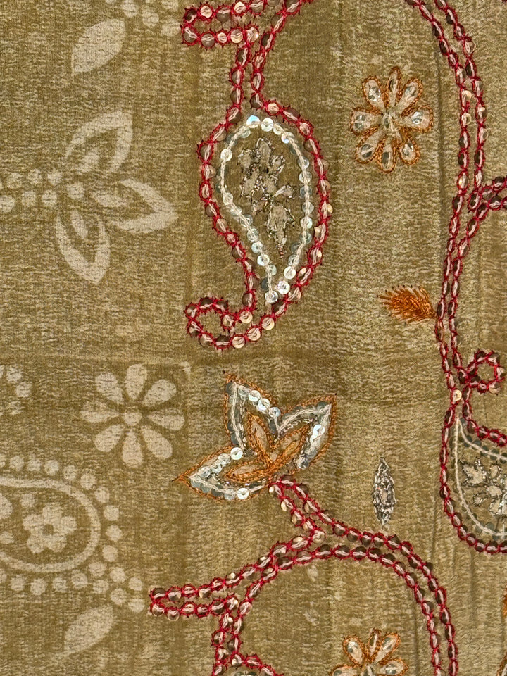 Tan vintage silk in paisley with red embroidery and sequins