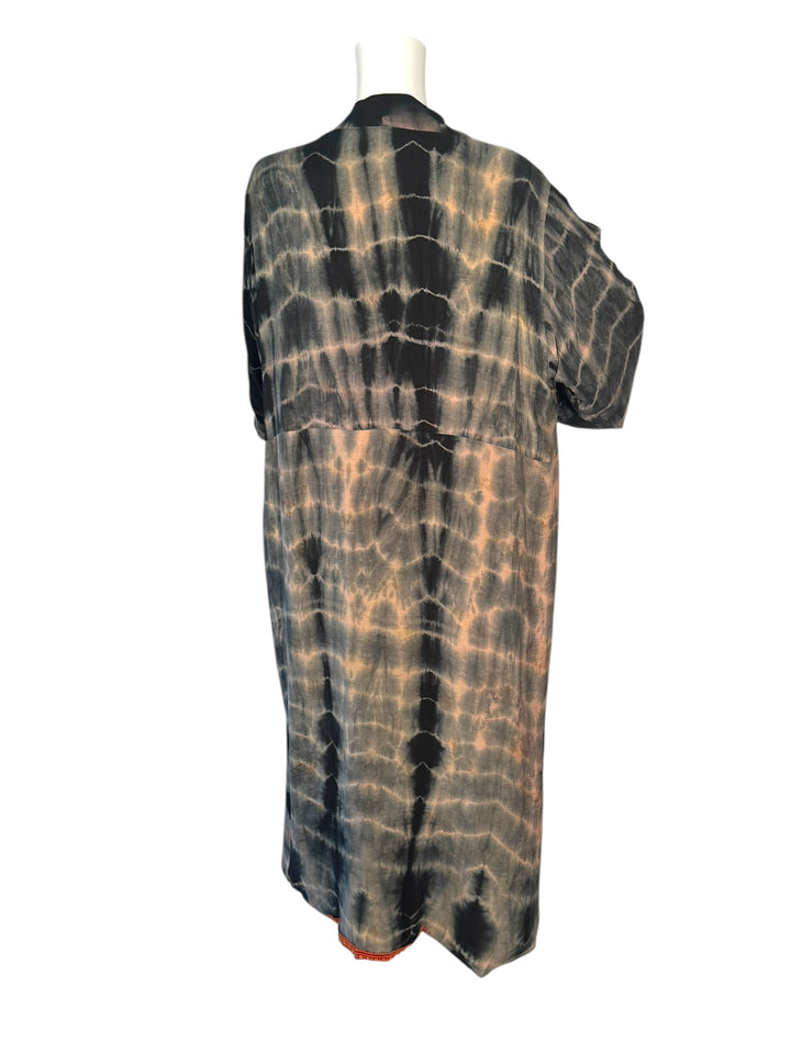 Inside back view of reversible kimono in black and tan dip dyed vintage silk