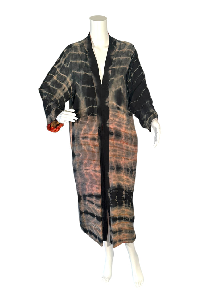 Inside front view of reversible kimono in black tan and pink dip dyed vintage silk