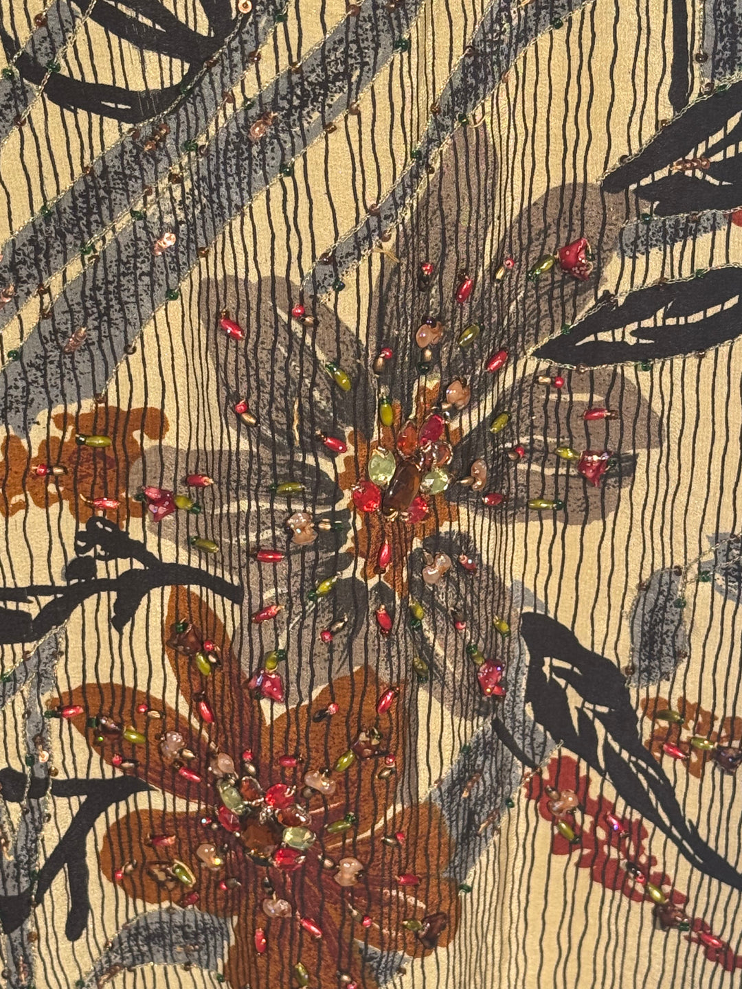 Tan vintage silk with black stripes and embroidered flowers with colored beads