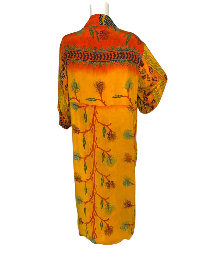 Back inside view of reversible kimono in orange and yellow vintage silk with floral designs