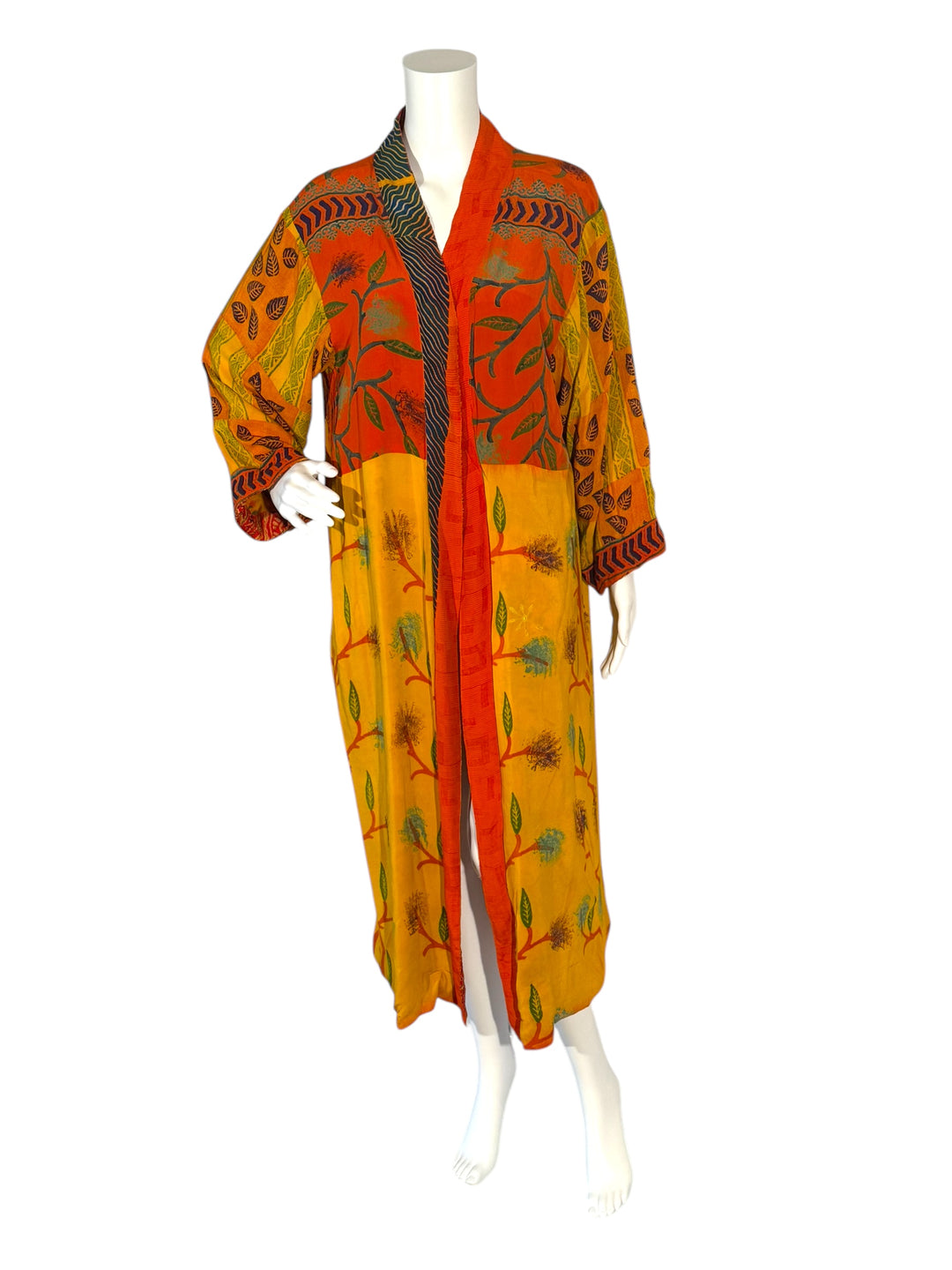 Inside front view of reversible kimono in orange and yellow vintage silk with flowers and vine pattern