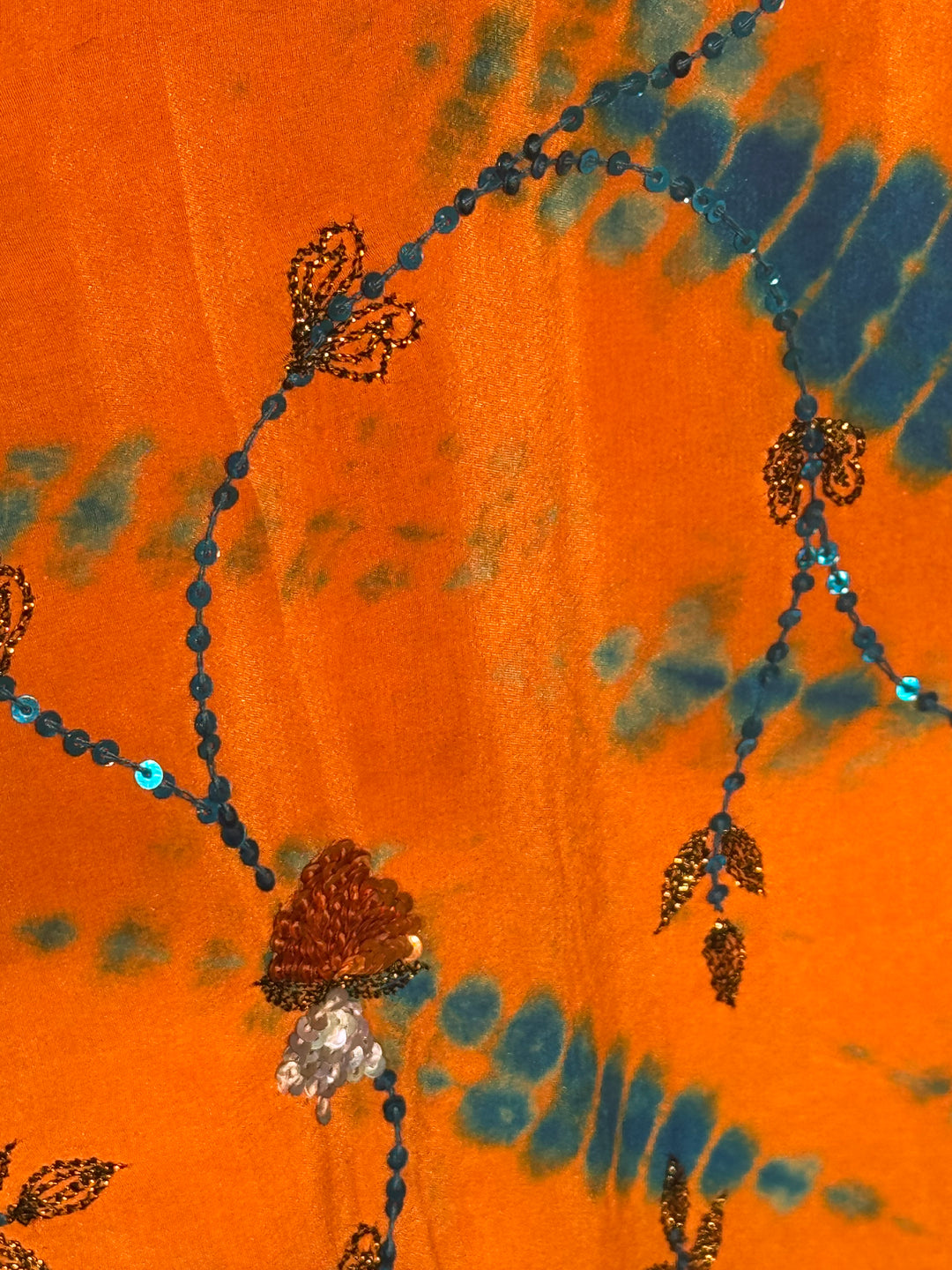 Orange dip dye silk with all over colorful  sequin embroidery