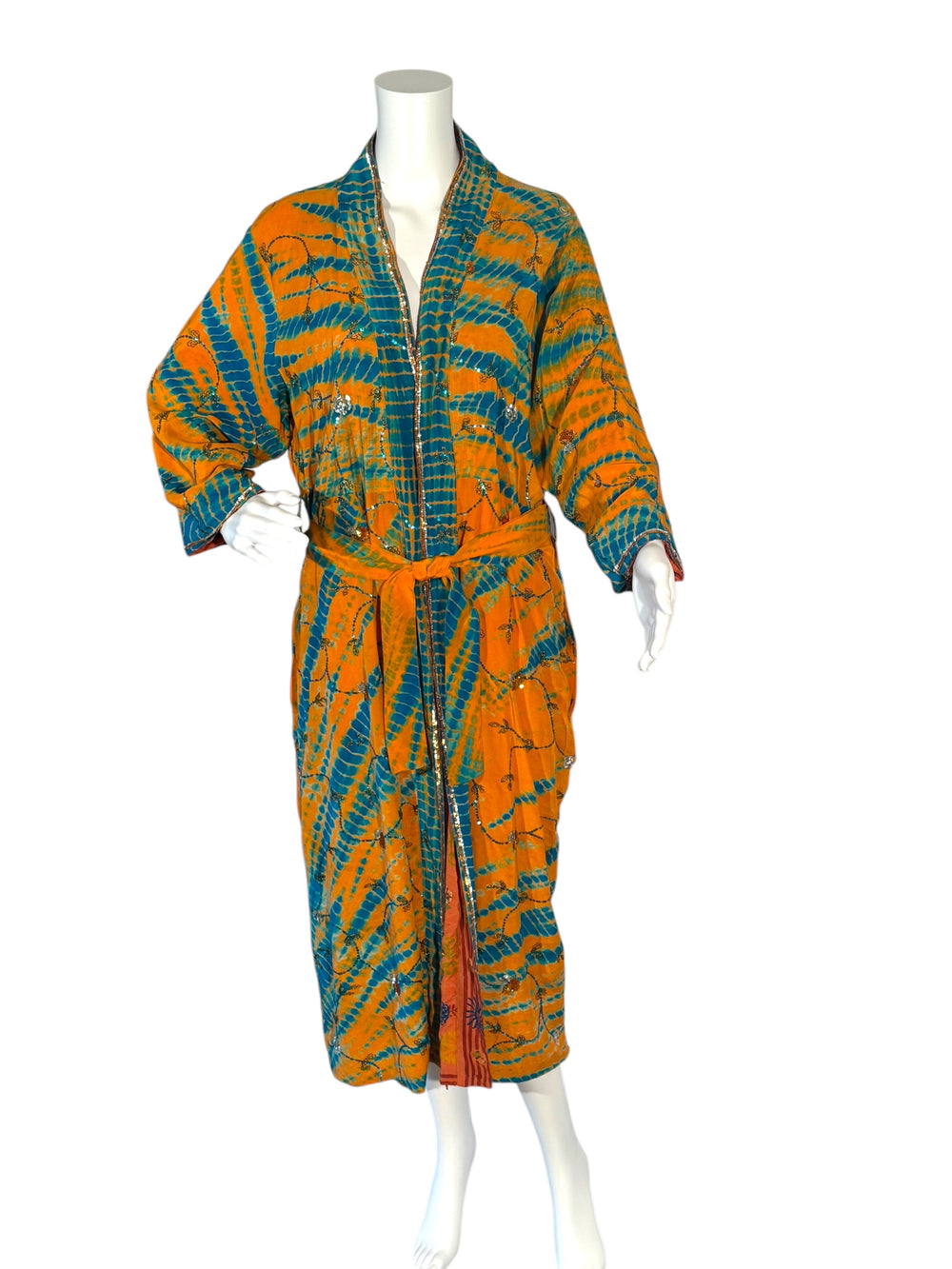 Front outside view of reversible kimono in orange and blue dip dye with all over colored embroidered sequins