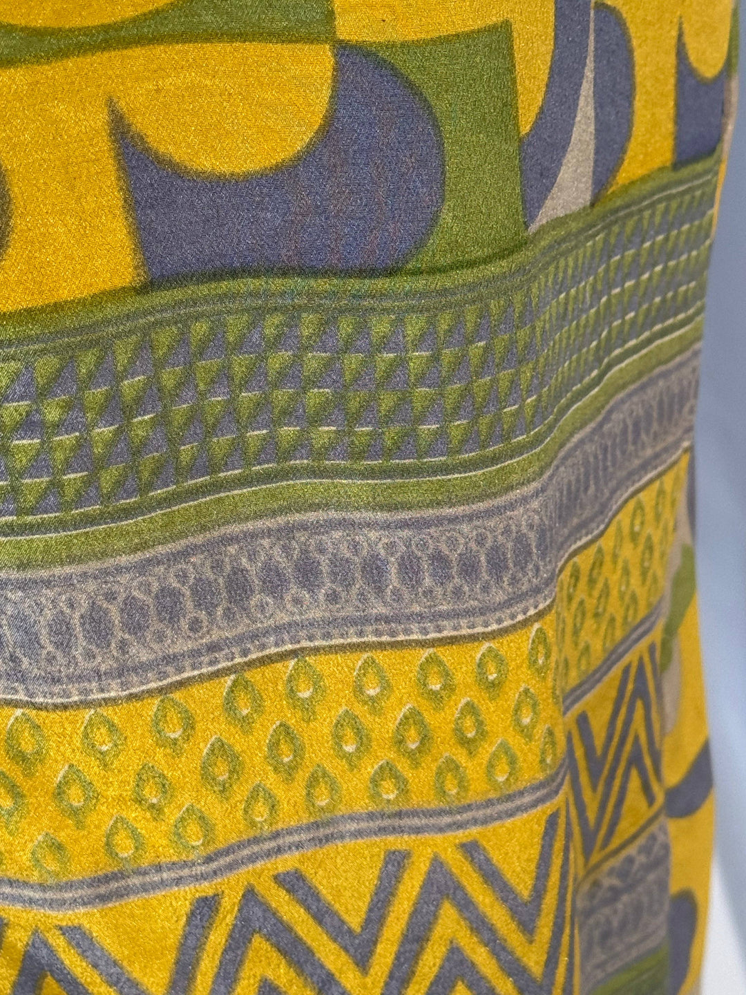 Yellow green and blue graphic print on vintage silk